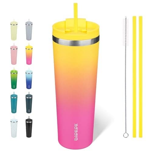 BJPKPK 30oz Stainless Steel Insulated Tumbler With lid And Straw Travel Coffee Thermal Tumblers Cup For Women And Men,Pink Yellow Rose