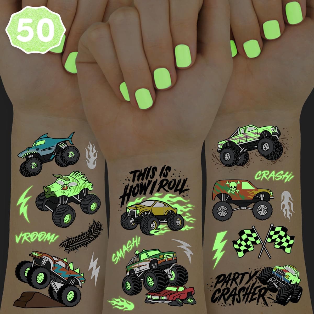 xo Fetti Glow In The Dark Monster Truck Temporary Tattoos 50 Foil Styles Truck Birthday Party Decorations Boys Pick Up Truck Party Favors Race Car Temp Tats Kids Arts and Crafts Supplies