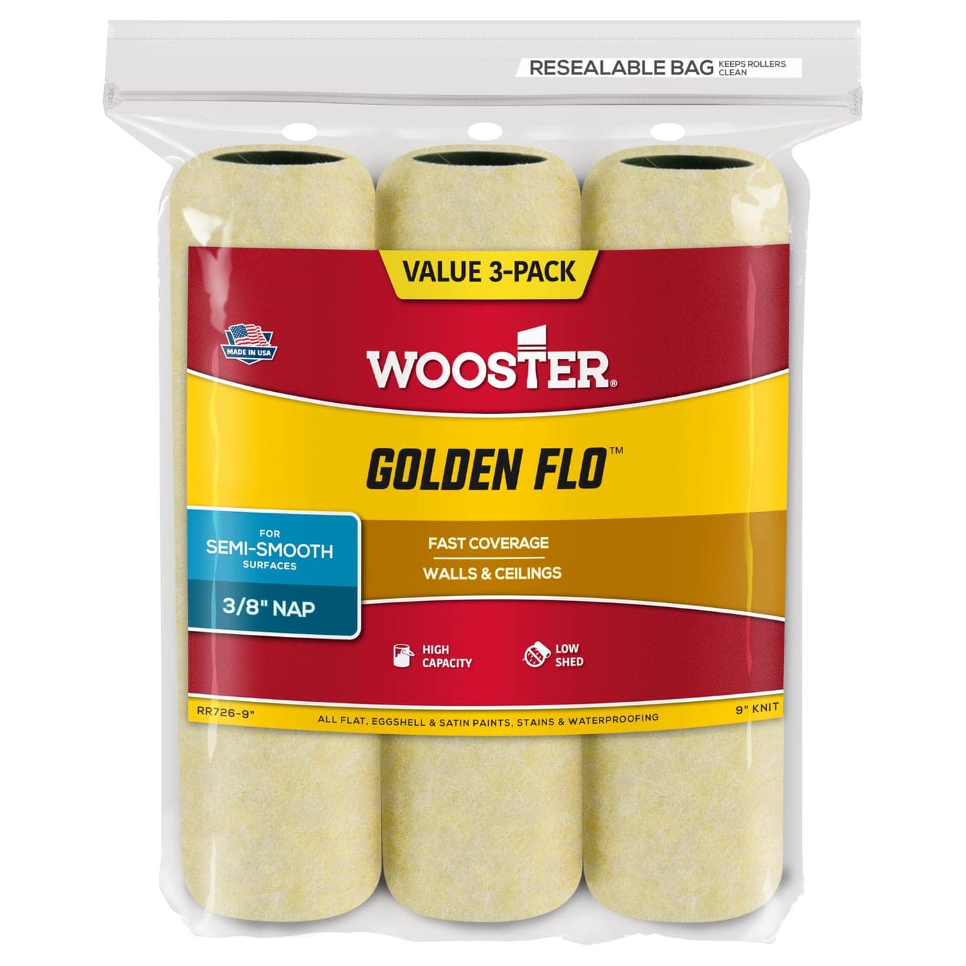 Wooster RR7269 Golden Flo Paint Roller Cover 38 Nap 9 3Pack