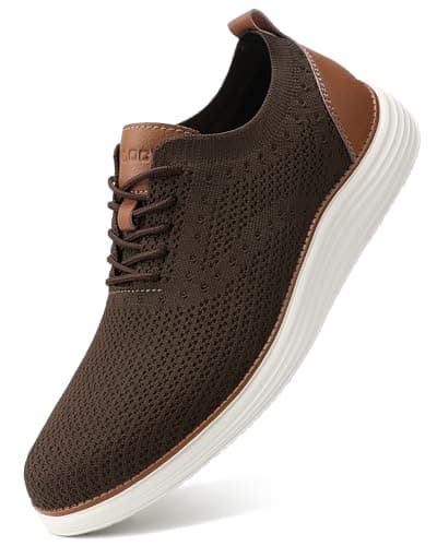 VILOCY Men's Dress Sneakers Oxfords Casual Business Shoes Lace Up Lightweight Walking Knit Mesh Fashion Sneakers Brown, EU40