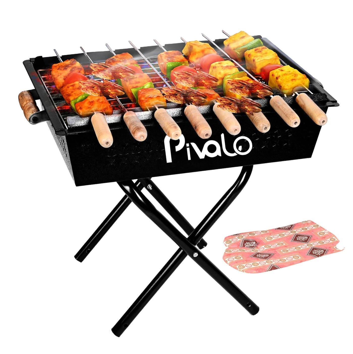 Pivalo Charcoal Barbeque Grill Set | Tandoori BBQ for Home & Outdoor Use | 4 Piece Combo | 8 Skewers | 1 Glove | 1 Tong | Foldable Standing BBQ for Camping, Picnic & Travel Cooking (Pack of 1, Black)