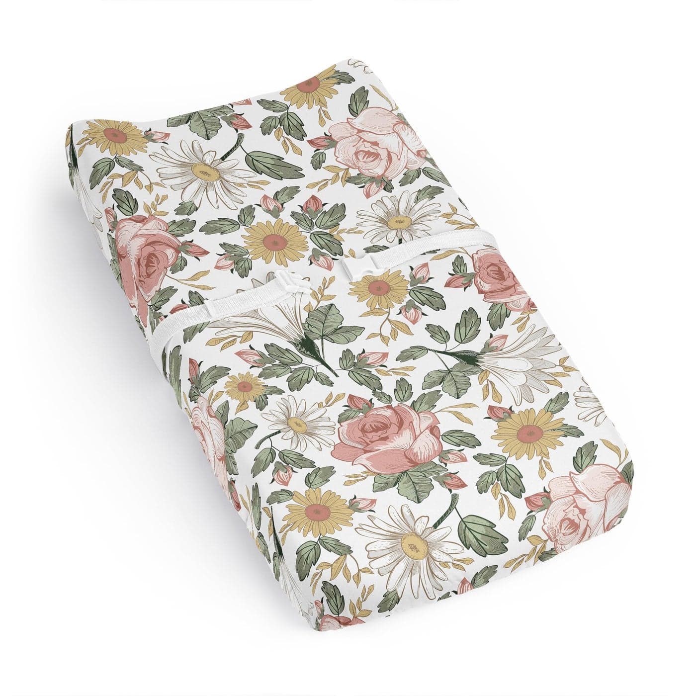 Sweet Jojo Designs Blush Pink Yellow Vintage Floral Boho Girl Baby Changing Pad Cover Sheet Infant Newborn Diaper Change Mat Cover Green White Bohemian Shabby Chic Farmhouse Leaf Rose Leaves Flower