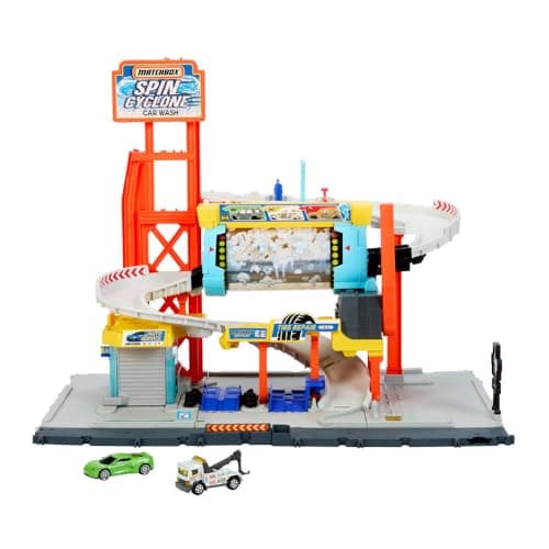 Matchbox Toy Car Track Set Spin Cyclone Car Wash Playset with 164 Scale Corvette Tow Truck Features Spinning Wash Tunnel TuneUp Shop Parking