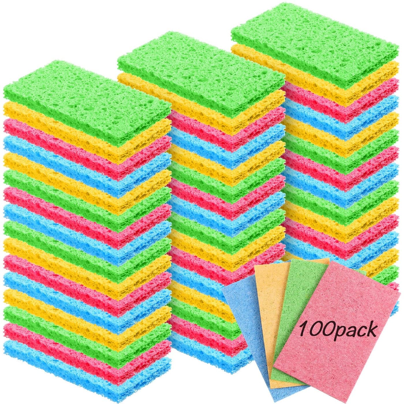 Zhengmy 100 Pieces Kitchen Sponge Bulk Natural Sponges for Dishes Compressed Wood Pulp Sponges Cleaning Sponge Without Scratching for Kitchen Bathroom 39 x 24 x 012 Inch Multicolor