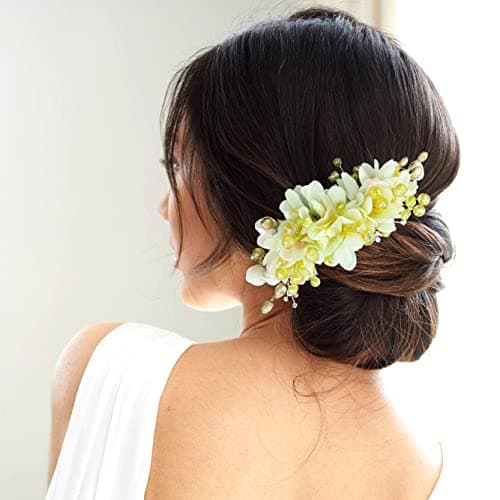 Hair Flare Artificial Beautiful Flower Comb Slide/Bridal Hair Barrette Ties, Hairpins for Women Girls, Hair Accessories - 2405, Cream