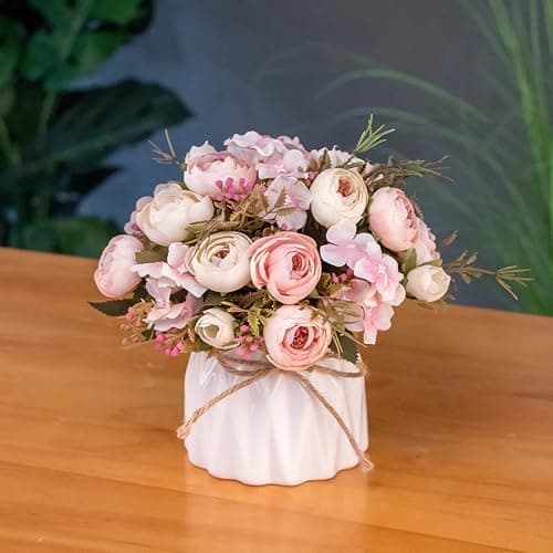 Hbluefat Fake Flowers in Vase, Small Artificial Silk Flowers with Ceramic Vase, Faux Flower Arrangement for Home Office, Coffee Dining Table Centerpiece Decor (Pink,Spring Tea Bud)