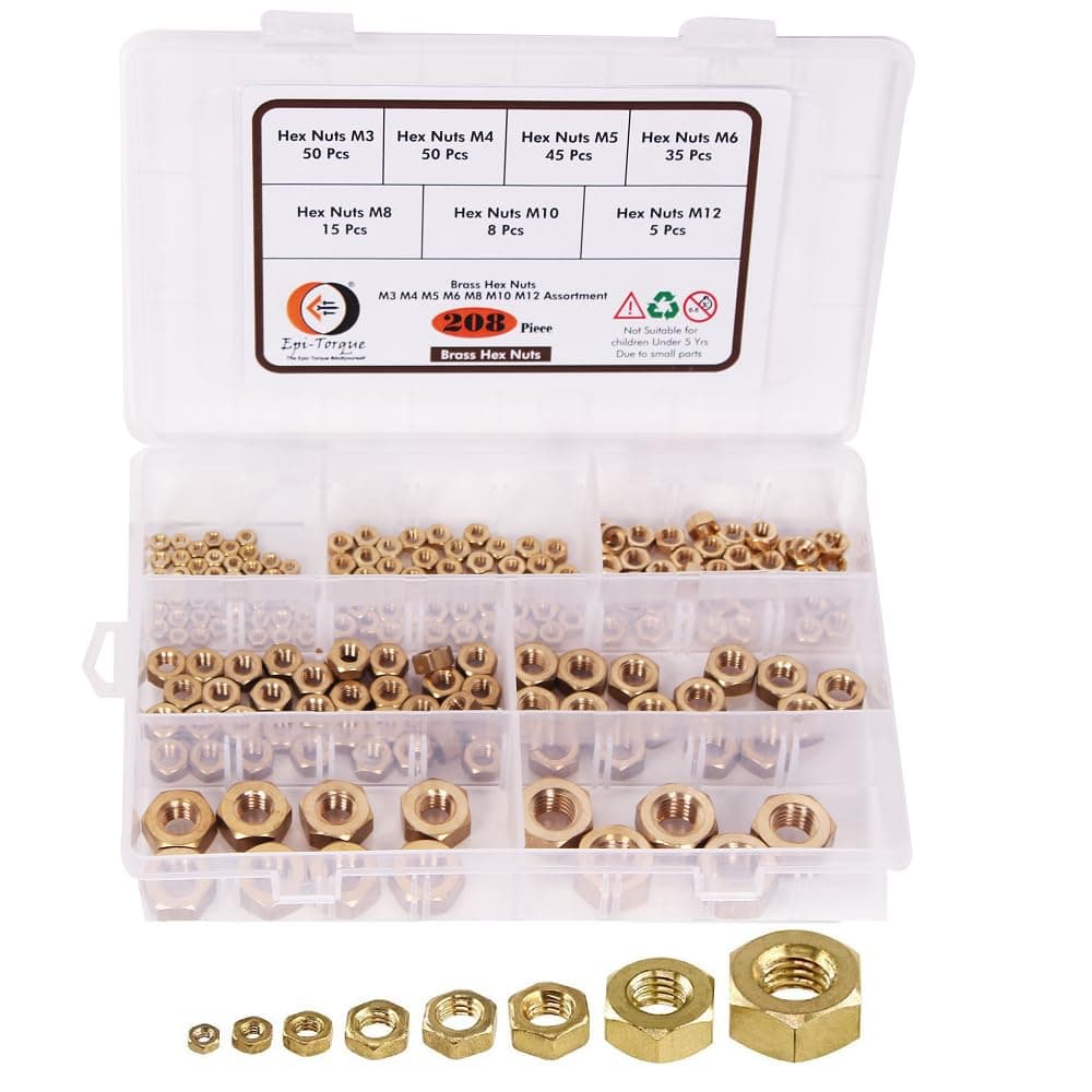 EpiTorque High Strength Brass Hex Nuts7 Sizes M3 M4 M5 M6 M8 M10 M12 Assortment Pack of 208 Pcs In Plastic Storage Box