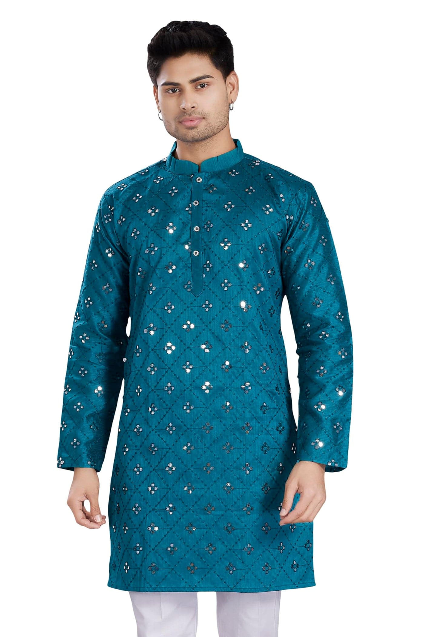 DIVISIVE Men's Mirror Embroidered Silk Blend Only Slim Fit Kurta (DKRT1486_L_Turquoise)