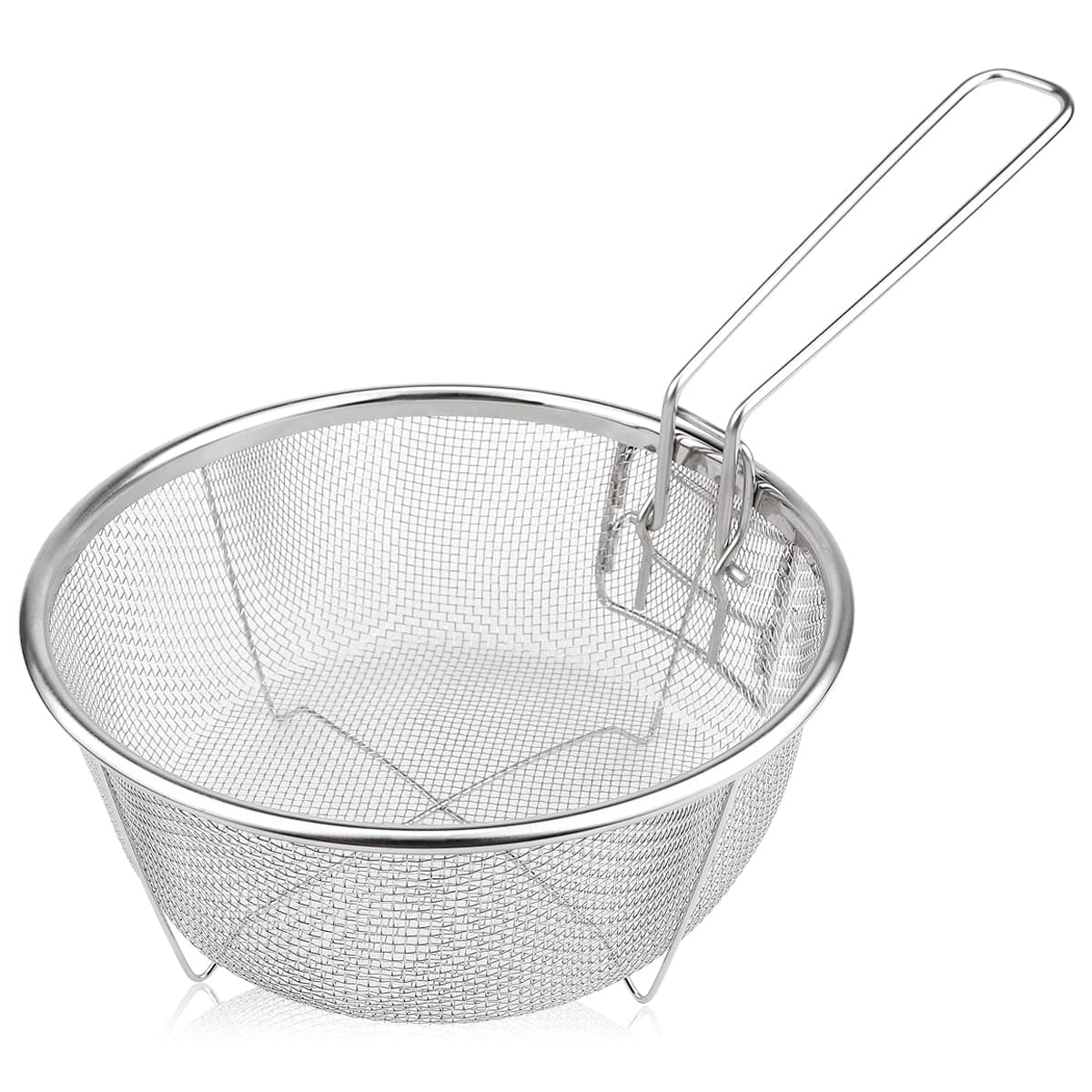 Stainless Steel Drain Basket Multifunctional Foldable Deep Fry Basket Round Wire Mesh French Chip Frying Serving Food Presentation Tableware with Folding Handles 325X195X85