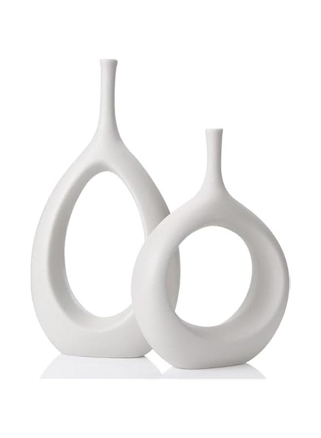 Ceramic Vase Set of 2, Hollow Matte Ceramic Vase for Home Decor, White Boho Donut Vases Nordic Minimalist Decorative Vase for Table Centerpiece Wedding Dining Living Room Office House Decoration