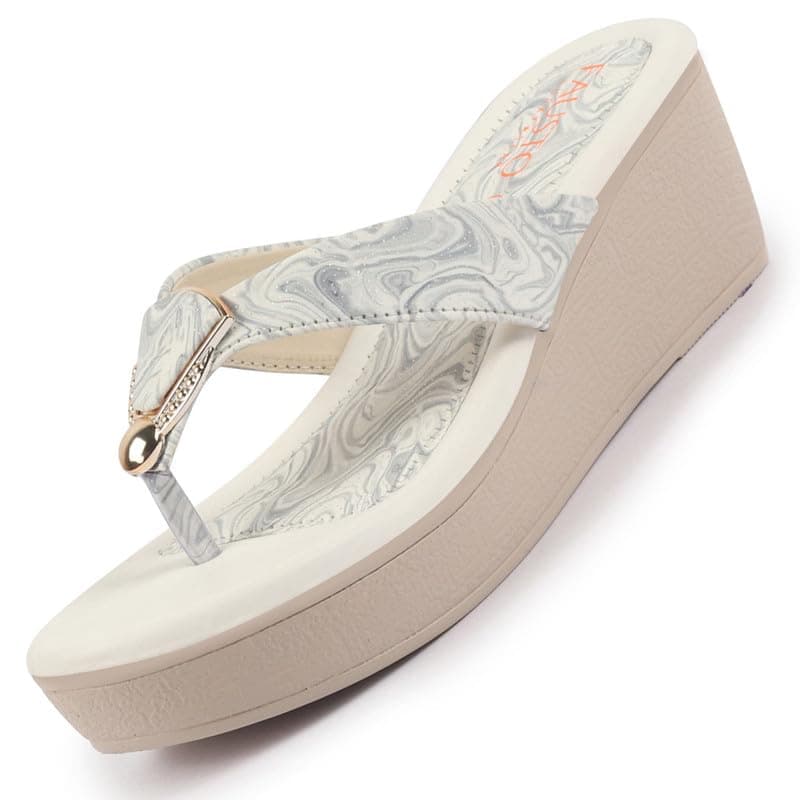 FAUSTO FST KI-664 GREY-38 Women's Grey Abstract Print Glossy Buckle T Strap Wedge Sandal With Cushioned Footbed|Broad Feet Sandal For Party|Festive|Wedding (5 UK)