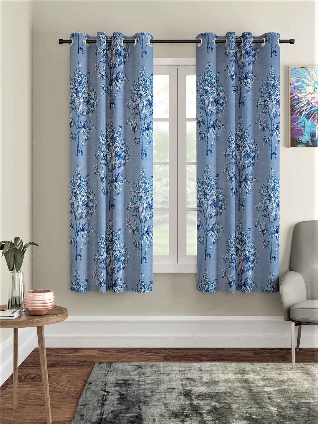 Fashion String Polyester Blossoms Eyelet Window Curtains 5 Feet Blue 2 PieceEyelet String Washable Floral LightFiltering