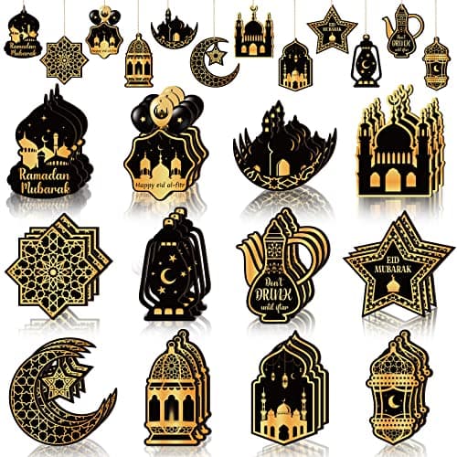 36 Pcs Ramadan Wooden Ornaments Eid Mubarak Hanging Ornaments Ramadan Mubarak Eid Party Wall Decorations Moon Star Wooden Hanging Ornaments for Tabletop Trees Decor 12 Styles