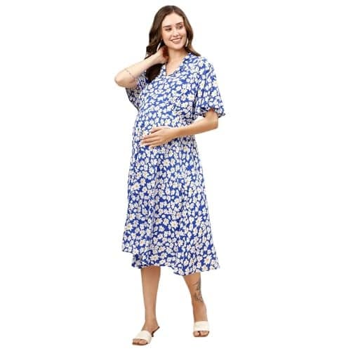 MomToBe Women Fit And Flare Midi Rayon Maternity /Pregnancy/Easy Breastfeeding /Feeding /Western Dress with Zippers for Nursing Pre and Post Pregnancy (Dark Blue ; Large)