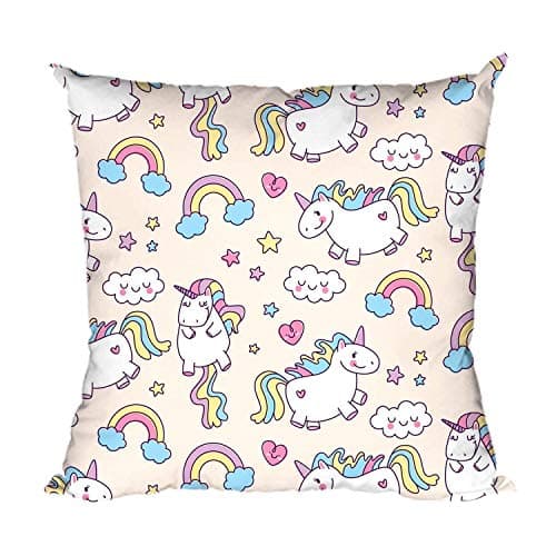 YaYa cafe Cute Unicorns Birthday Cushion Cover 16x16 inches | Canvas Cotton Printed Pillow Cover for Kids Girls | Beige Decorative Gift | No Filler
