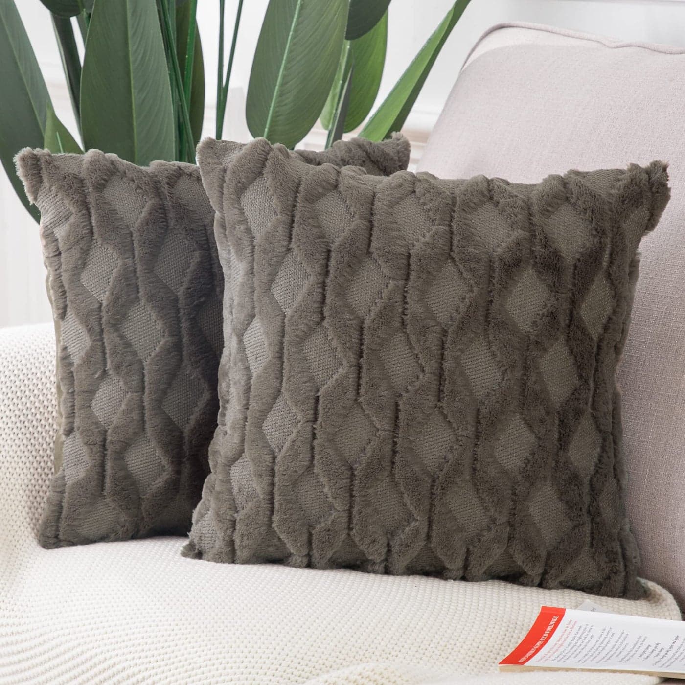MADIZZ Set of 2 Soft Plush Short Wool Velvet Decorative Throw Pillow Covers 24x24 inch Dark Taupe Square Luxury Style Cushion Cases European Pillow Shell for Sofa Bedroom