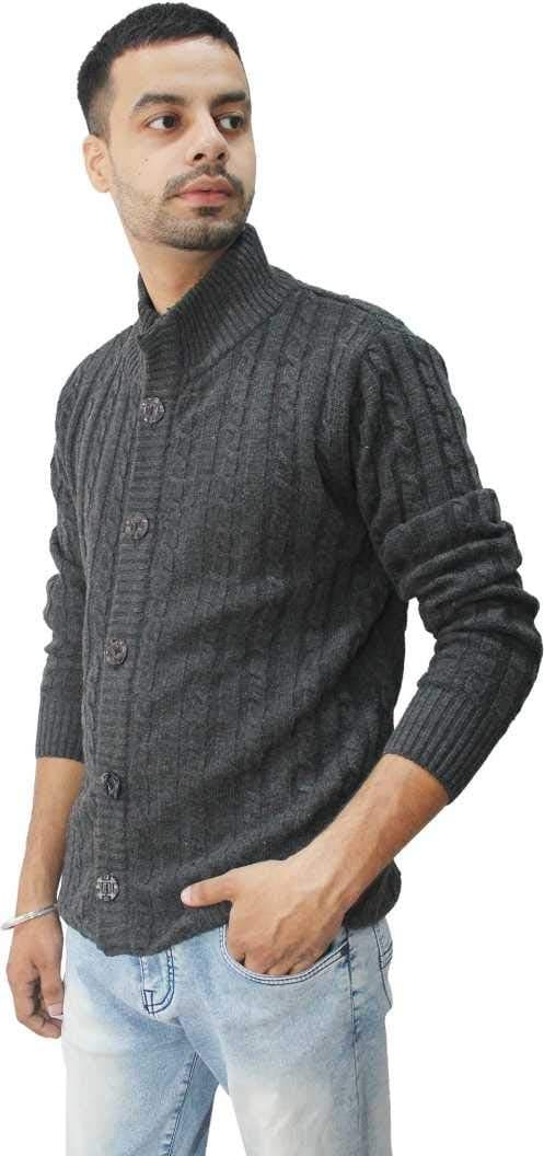 Matelco Men's Wool Banded Collar Sweater (AD12RK14GY_Charcoal Grey_L)