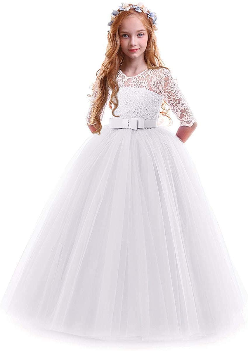 Flower Girls Dresses Vintage Lace Princess Long Dress Kids 34 Sleeve Wedding Pageant Tulle Bridesmaid Dress Christening Baptism Dress First Communion Dress Evening Formal Prom Ball Gown White 78