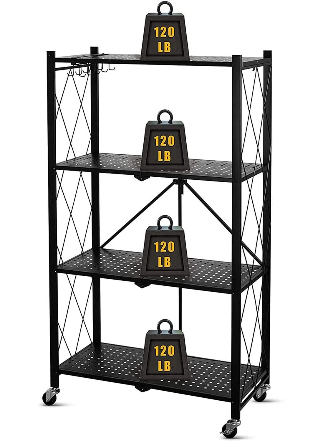 Collapsible Standing Shelf, Modular Storage Shelf, Heavy Duty Metal Storage Rack with Wheels, Free Standing Storage Rack (Black, 4 Tiers)
