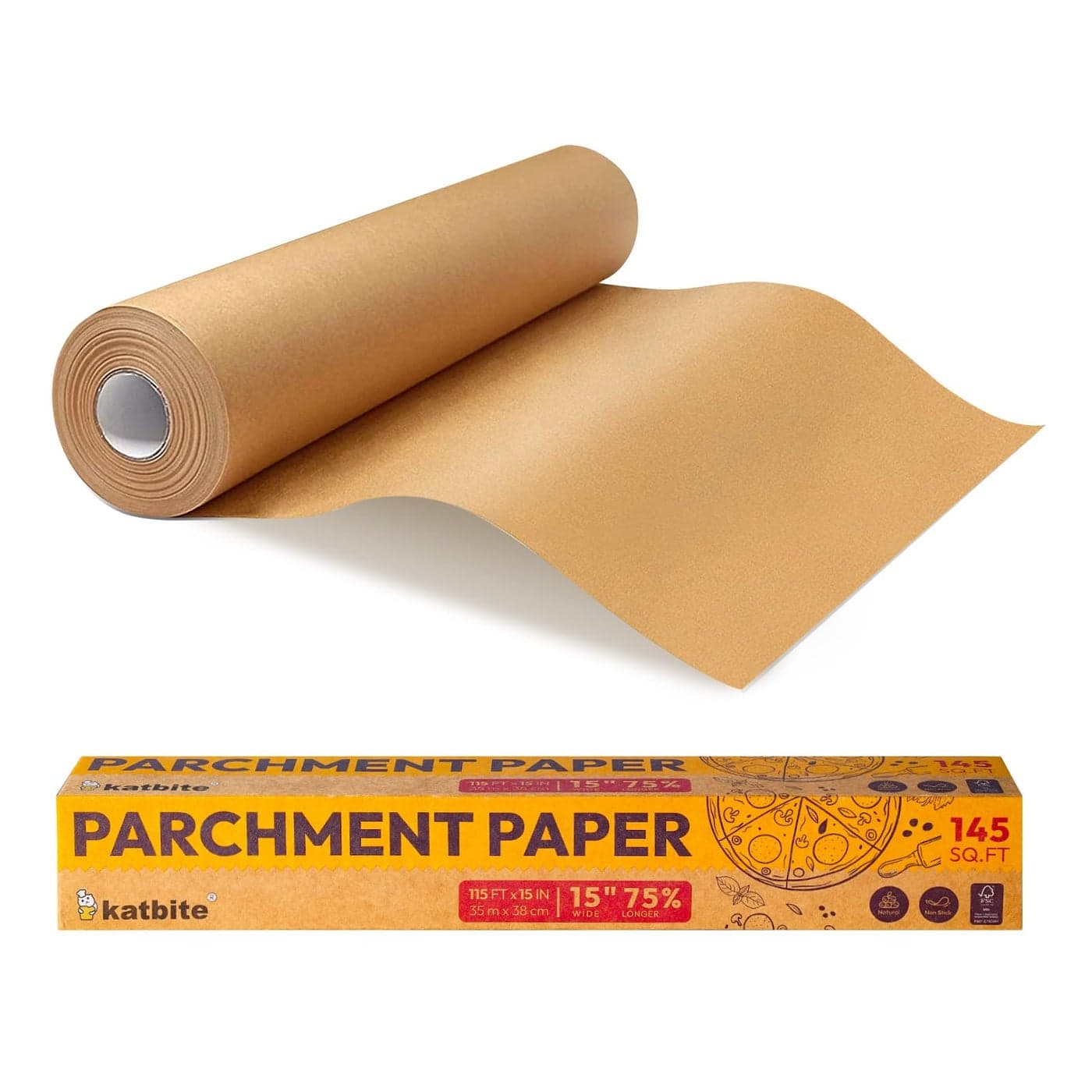 Katbite Parchment Paper Roll 15in x 115ft Unbleached Pachment Baking Paper Roll 145 SqFt NonStick and Extra Longer Parchment Paper with Portable Serrated Cutter for BakingCookingSpacesaving