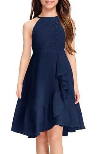 MITILLY Girls Elegant Semi Formal Dress Halter Neck Cotillion Wedding Guest School Dance Prom Cocktail Dressy Dresses 12 Years Navy Blue
