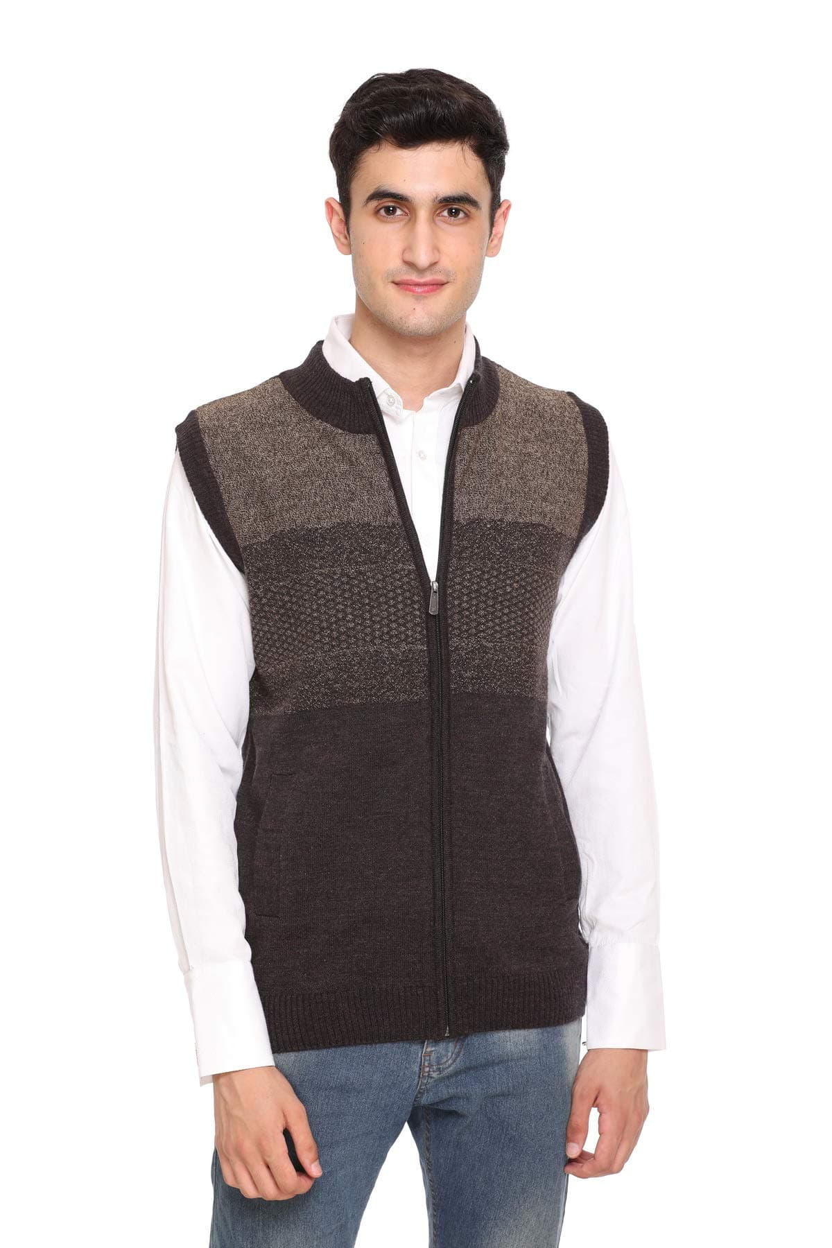 aarbee Sleeveless Woollen Zipper Sweater for Men (Medium, Coffee)