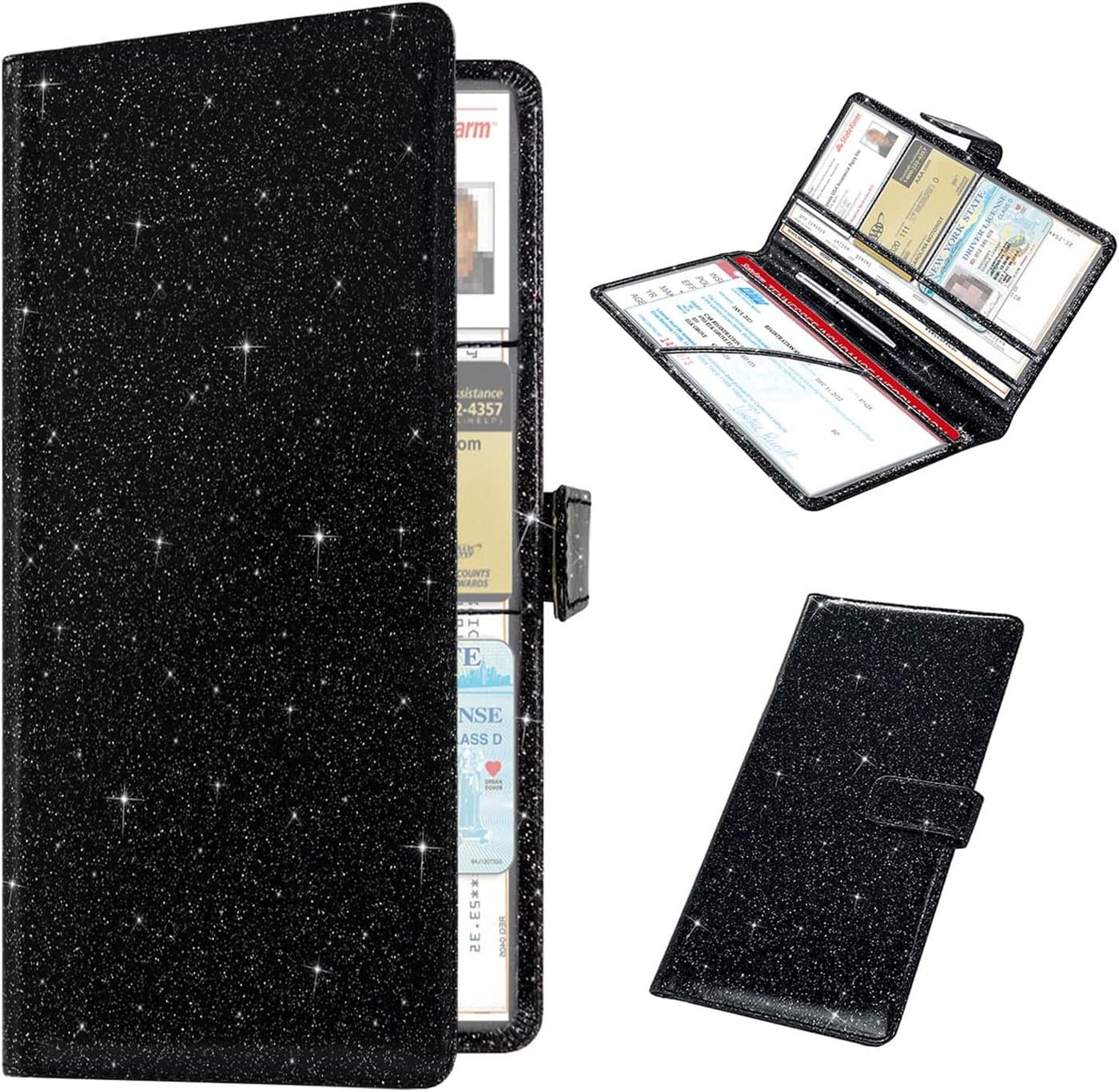 RSAquar Car Registration and Insurance Holder - Black Glitter Leather Organizer