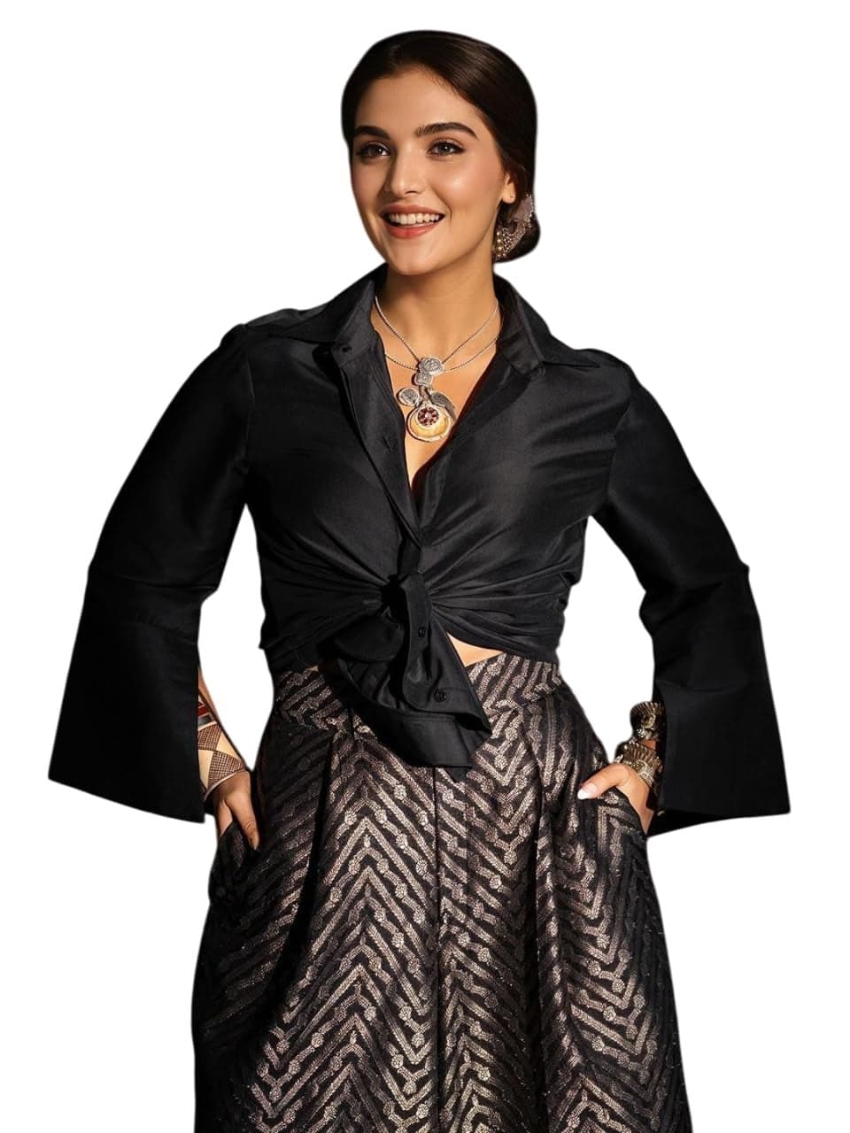 ishin Shirt Collar Shirt With Embellished Flared Trousers