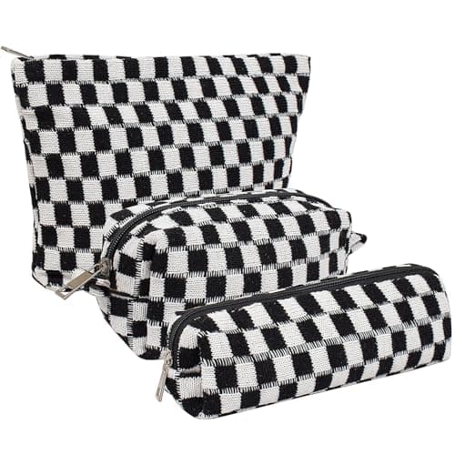 KOTORA 3 Pieces Makeup Bag Large Small Checkered Cosmetic Bag Capacity Canvas Travel Toiletry Bag Organizer Cute Makeup Brushes Aesthetic Accessories Storage Bag for Women Black