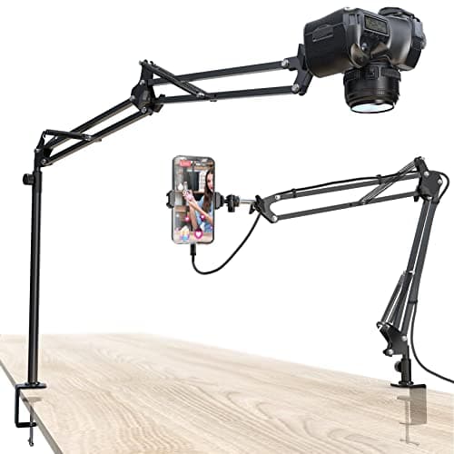 Overhead Camera Mount, Desk Camera Mount with Articulating Arm, 5lb Load Capacity, 360° Adjustable Stand for Phone/DSLR/Webcam, C-Clamp Tabletop Mount for Video Recording, YouTube, Live Streaming