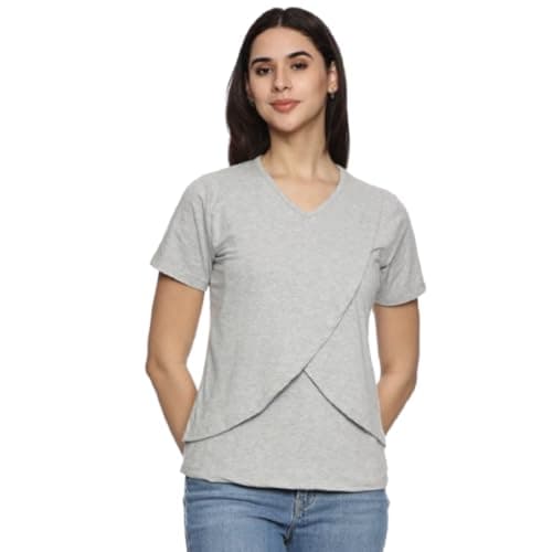 KIKWIT Maternity Feeding Tops Without Zip for Women, Feeding Coverup Pregnancy Tshirt,Feeding T-Shirt for Easy Nursing & Breastfeeding, Maternity Top Wear for Mothers (in, Alpha, XL, Light Grey)