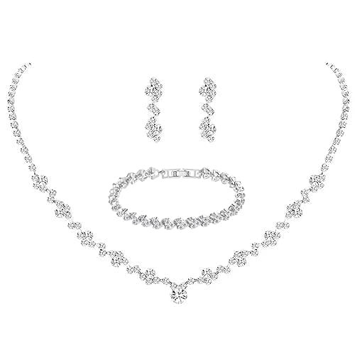 Tatibana Crystal Wedding Jewelry Set, Silver Necklace Earrings Bracelet Crystal Bridal Wedding Jewelry Sets for Brides Bridesmaid Prom Costume Accessories