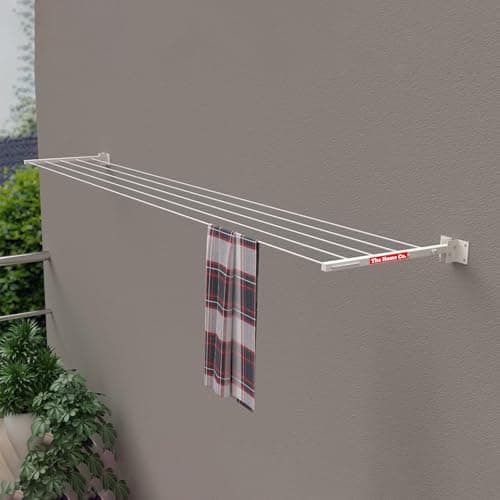The Home Co. Powder Coated Foldable Wall Mounted Grey Metal Cloth Drying Stand with 50 Feet Rope & Fasteners Set | Clothes Hanger for Home/Balcony.