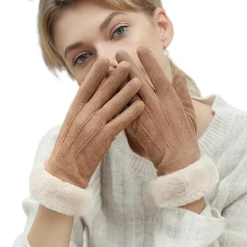 Tomorrow Women Cute design Plush Fur Cuff Winter Gloves Windproof Cold Resistant Warm Snuggle Season Gloves: Cozy Comfort, Touchscreen Magic (Winter's Luxe Essential) (Khaki)