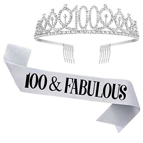 UVATAHONA 100th Birthday Sash and Tiara for Women, 100 & Fabulous Sash and Tiara Birthday Crown, Happy 100th Birthday Gifts for Queen Woman Party Favors Supplies and Decorations, Silver