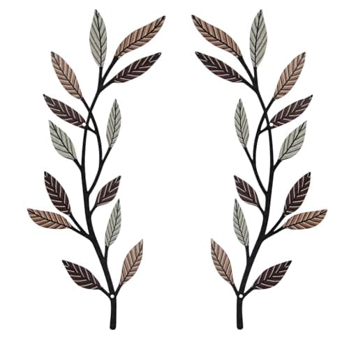 Metal Tree Leaf Wall Decor 2 PCS Rustic Vine Branch Leaf Wall Art for Living Room Bedroom Bathroom Decorations - Vintage Brown