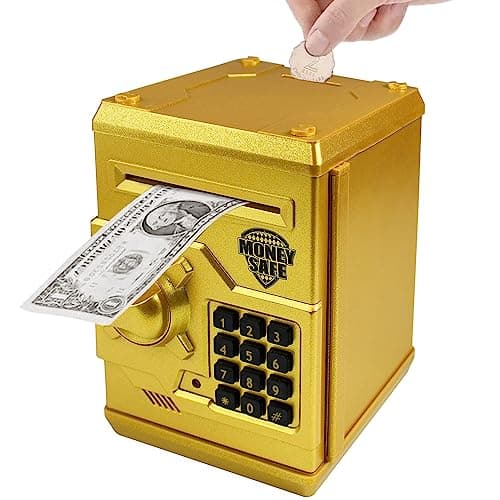 Totola Piggy Bank Electronic Mini ATM for Kids Baby Toy, Safe Coin Banks Money Saving Box Password Code Lock for Children,Boys Girls Best Gift (Gold)