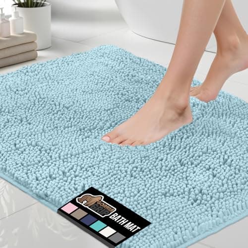 GORILLA GRIP Bath Rug Mat, Thick Soft Absorbent Chenille, Quick Dry Microfiber Mats, Rubber Backing Washable Shower Floor Rugs, Bathmat Runner, US Designed Bathroom Home Decor Accessories 24x17, Sky