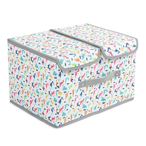 MOMMY BABY LUV Storage Bins with Lids Large Foldable Storage Boxes Bins Double Lids Stackable Storage Box Basket Closet Organizer with Handle Divider for Shelf Office. (Pack of 1, Dinosaur Print)