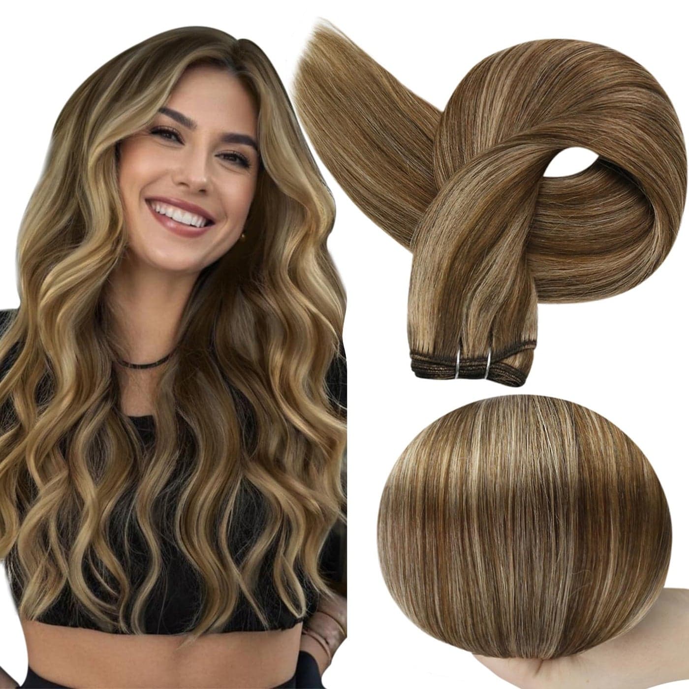 Full Shine 24 Inch Sew In Hair Extensions Real Human Hair Weft Hair Extensions For Women Color Brown Highlight Honey Blonde Straight Human Hair Bundles Hair Extensions Real Human Hair Sew In 105G