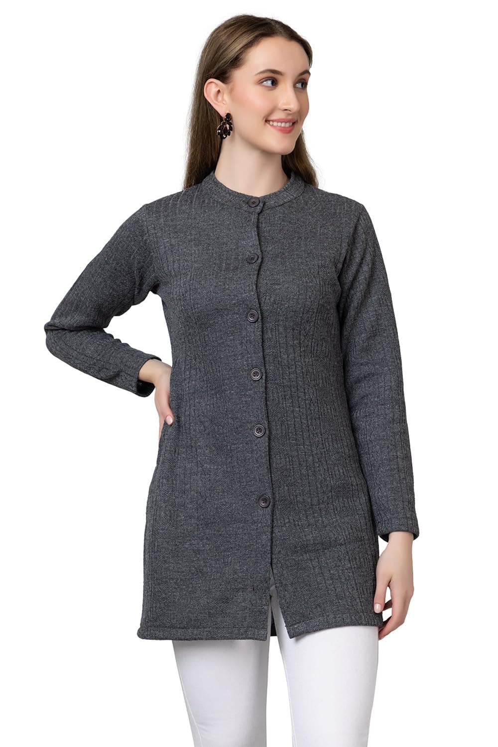 HIFZAA Women's Woolen Long Round Neck Cardigan Sweater For Women Winter Wear For Ladies M To 4XL, Grey