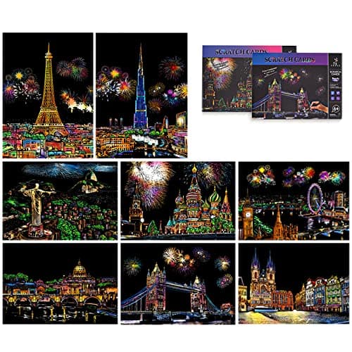 Niewalda Scratch Painting Scratch Cards A4 for Kids Adults 8pcs Scratch Art for Adults Rainbow Paint by Scratch Paper Engraving Art Set Beautiful City
