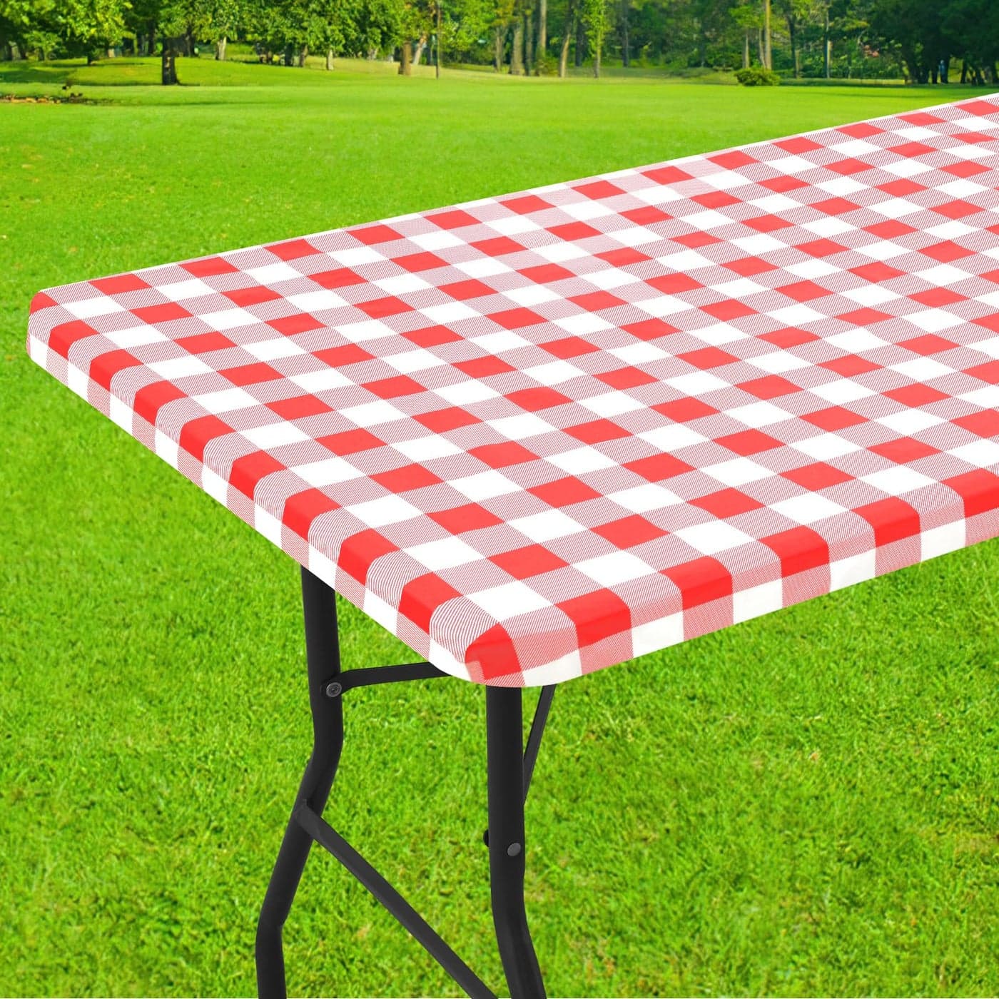 Smiry Rectangle Picnic Table Cloth Elastic Waterproof Fitted Vinyl Tablecloth for 6 FT Tables Flannel Backed Buffalo Plaid Table Covers for Dining Camping Outdoor White and Red 30 x 72