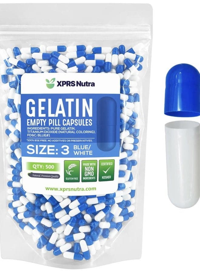 Size 3 Empty Capsules - 500 Count Empty Gelatin Capsules - Empty Pill Capsules - DIY Capsule Filling - Pure Bovine Pill Capsules Empty Gel Caps (Blue/White)