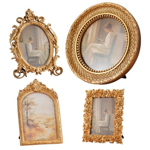 4 Pcs Gold Vintage Picture Frames for Tabletop Display Wall Hanging, Ornate Antique Photo Frame with Stand and Hanging Hook, Royal Style Wall Art Decor for Home Wedding Gallery Photography Props