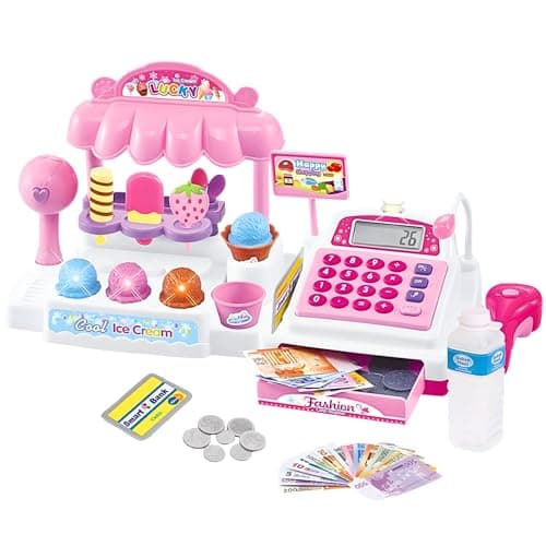 Ice Cream Store Mini Cash Register with Pretend Play Desserts, Working Scanner, Calculator, Microphone, Money and Credit Card