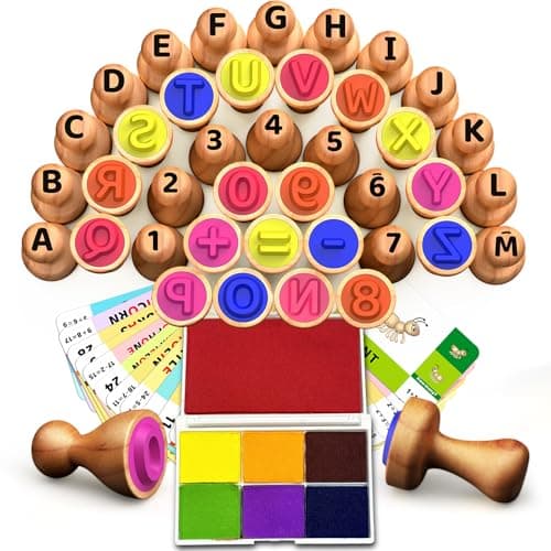 UdoUto Wooden Alphabet Number Stampers Set with 7Color Ink Pad ABCs 123s Learning Stamps Flashcards Preschool Homeschool Classroom Supplies Gift for Ages 3