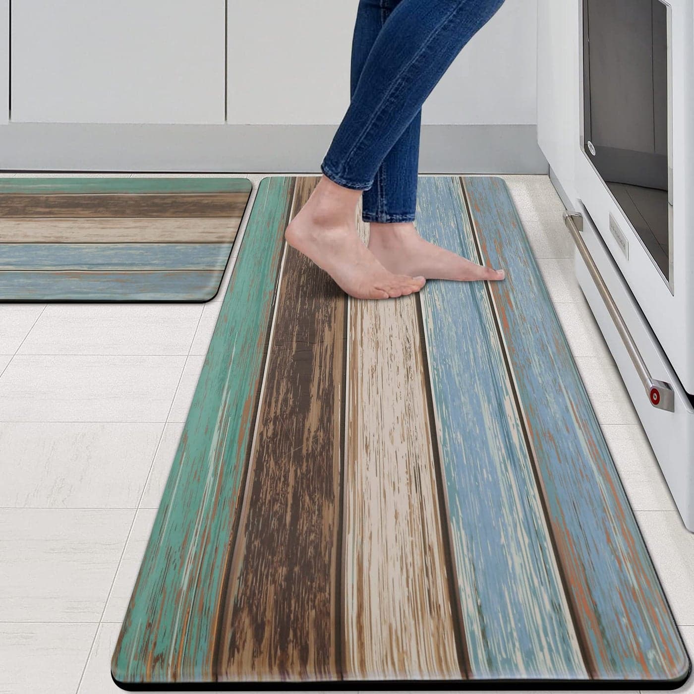 MAYHMYO Kitchen Rugs and Mats Set of 2 Teal Farmhouse Anti Fatigue Mat PVC Non Slip Retro Rustic Wood Texture Kitchen Mats for Floor173 x 29 x 04 inch 173 x 47 x 04 inch