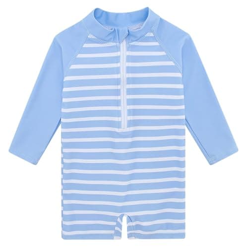 uideazone Baby Boys Long Sleeve Swimsuit Blue Striped One Piece Surfing Suits Beach Swimwear Rash Guard , 2-3T