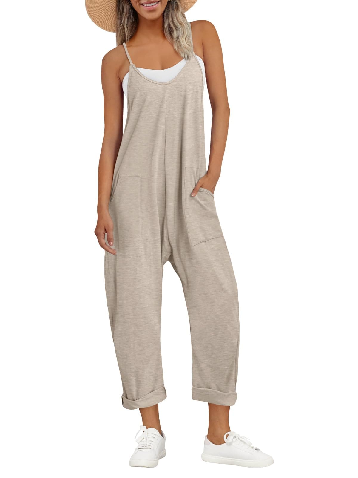 AUTOMET Jumpsuits for Women Casual Summer Outfits Rompers Comfy Beach Vacation Trendy Overalls Jumpers Fashion Clothes 2025 BeigeGrey XS